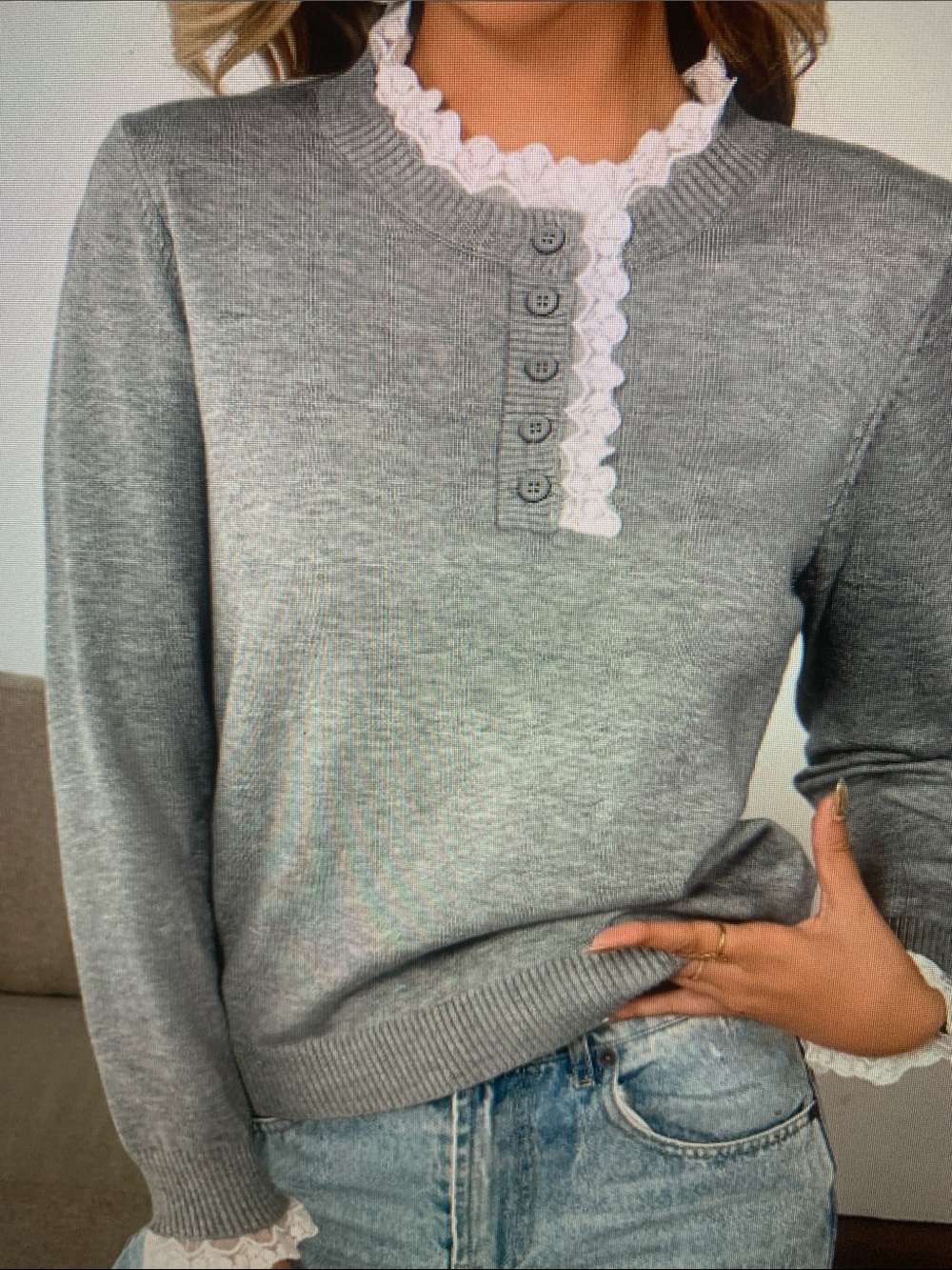 Gray Lace-Trim Knit Sweater